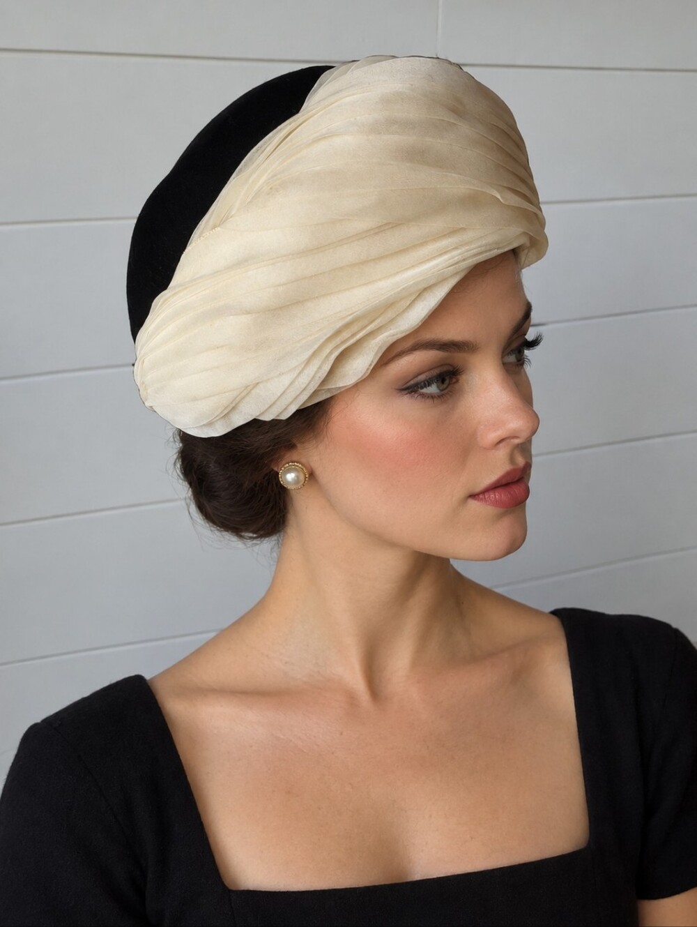 Vintage Dolly Madison Velvet Turban Hat Mid Century Cream Pleated Chiffon Fabric